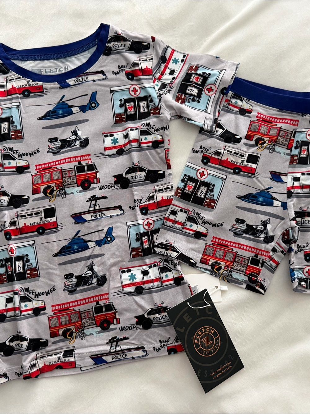 Kids Emergency Vehicles Bamboo Pajama Set - Blue & Red